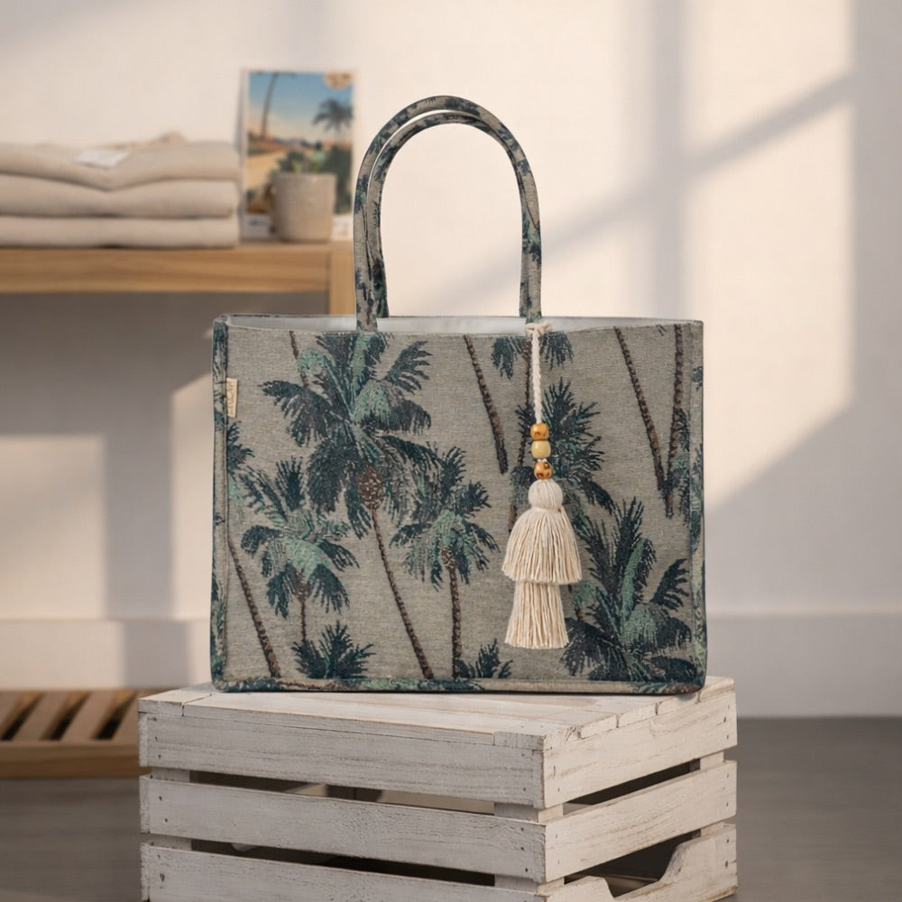 The Wanderlust Tapestry Tote Bag – Vintage Palm Print with Hand-Knotted Tassel