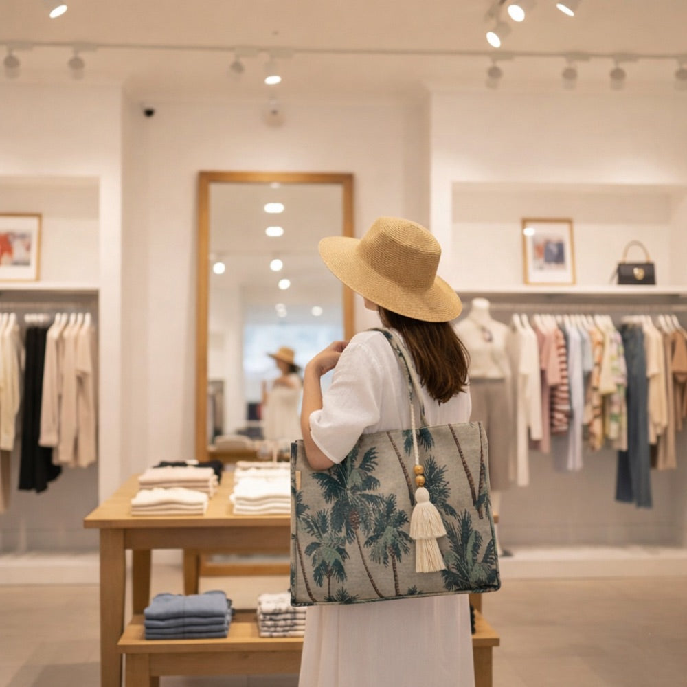 The Wanderlust Tapestry Tote Bag – Vintage Palm Print with Hand-Knotted Tassel