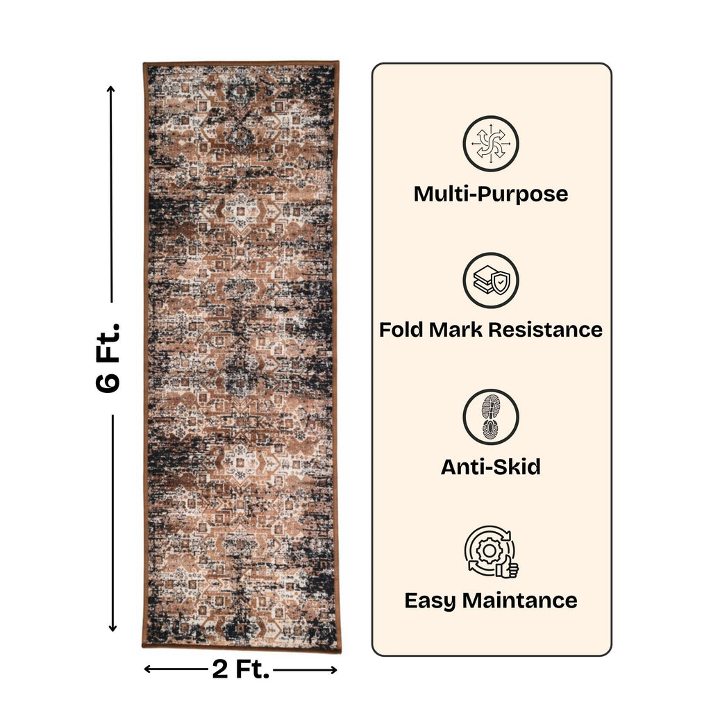 Abstract Vintage Pattern Accent Digital Print Area Rug | Warm Earth Tones & Charcoal Black Rug - Decovia