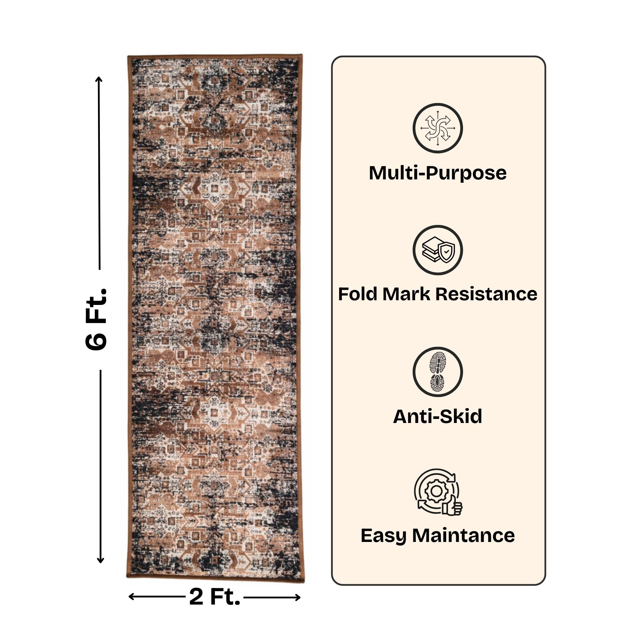 Abstract Vintage Pattern Accent Digital Print Area Rug | Warm Earth Tones & Charcoal Black Rug - Decovia