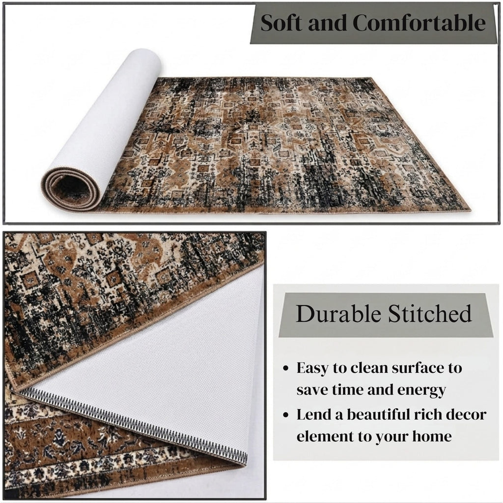 Abstract Vintage Pattern Accent Digital Print Area Rug | Warm Earth Tones & Charcoal Black Rug - Decovia