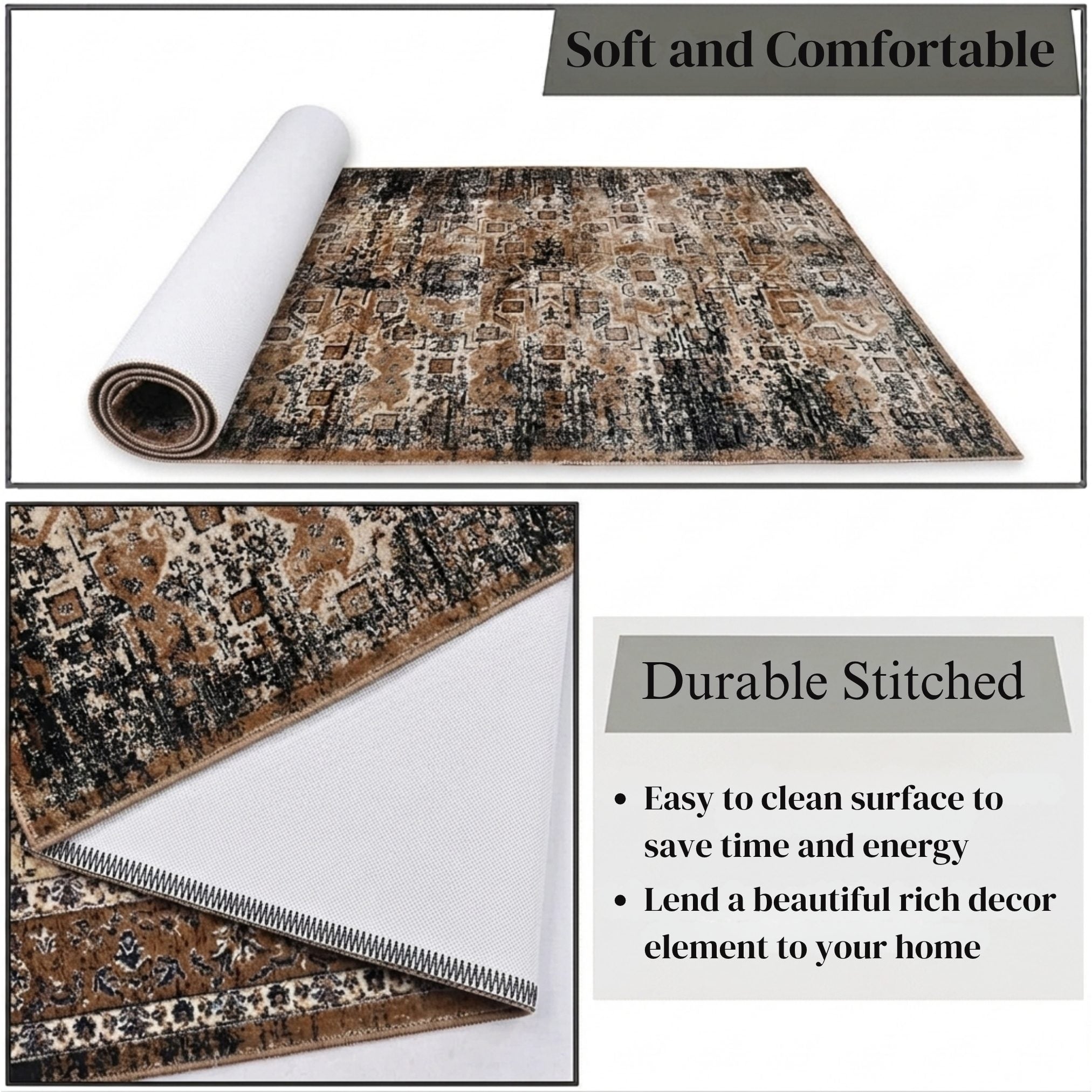 Abstract Vintage Pattern Accent Digital Print Area Rug | Warm Earth Tones & Charcoal Black Rug - Decovia