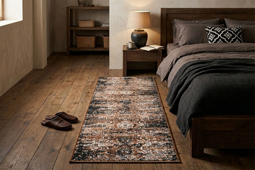 Abstract Vintage Pattern Accent Digital Print Area Rug | Warm Earth Tones & Charcoal Black Rug - Decovia