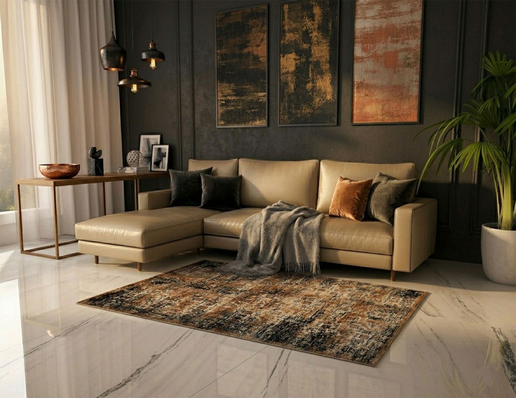 Abstract Vintage Pattern Accent Digital Print Area Rug | Warm Earth Tones & Charcoal Black Rug - Decovia