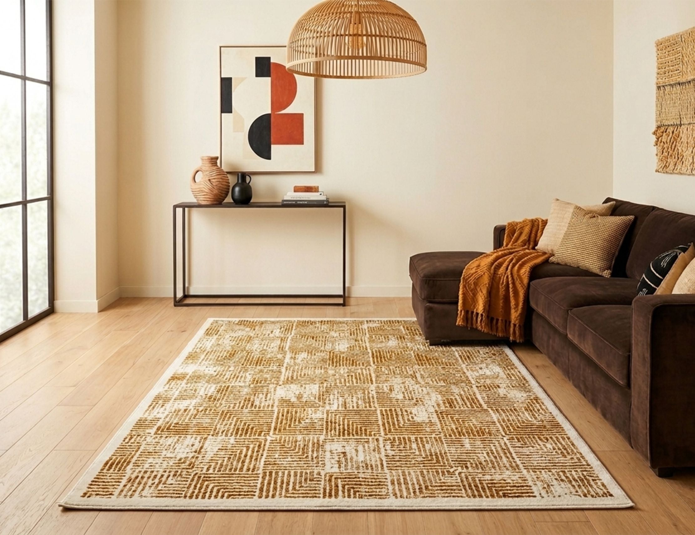 Modern Geometric Digital Print  Area Rug | Premium Yellow Mustard and Cream Woven Rug - Decovia