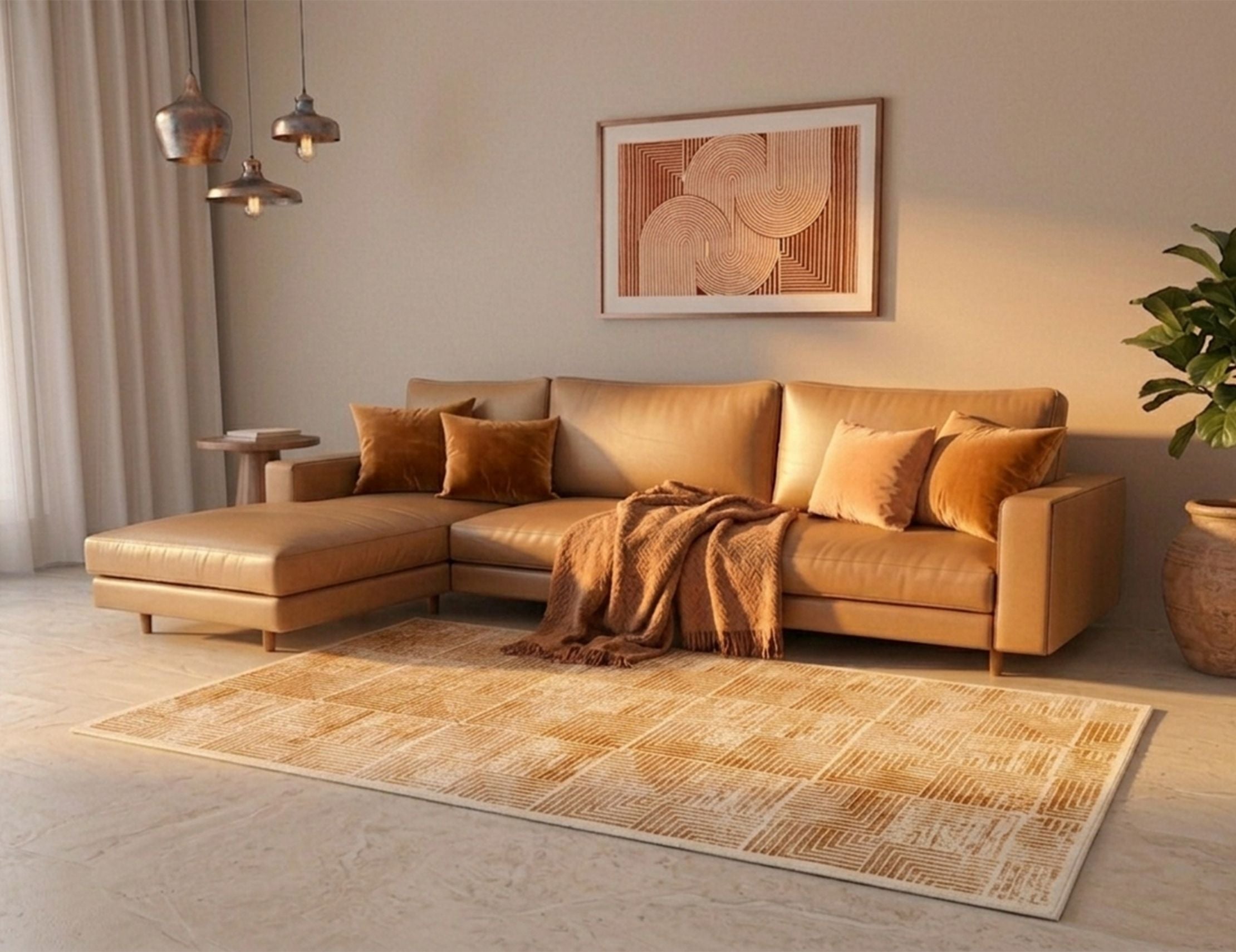 Modern Geometric Digital Print  Area Rug | Premium Yellow Mustard and Cream Woven Rug - Decovia