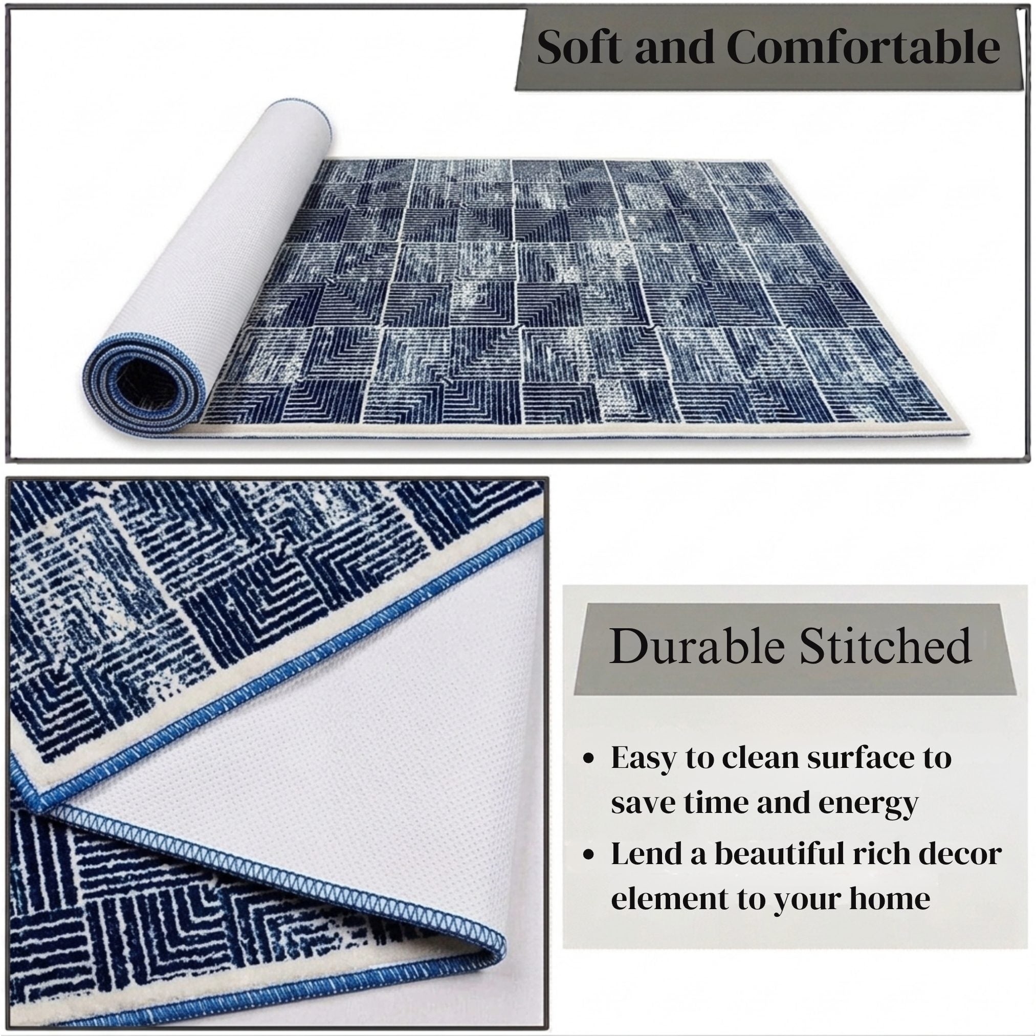 Modern Geometric Digital Print Area Rug | Premium Navy Blue and Cream Woven Rug - Decovia
