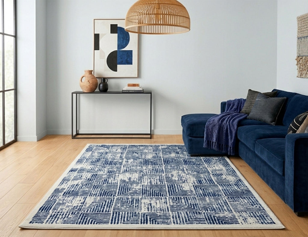 Modern Geometric Digital Print Area Rug | Premium Navy Blue and Cream Woven Rug - Decovia