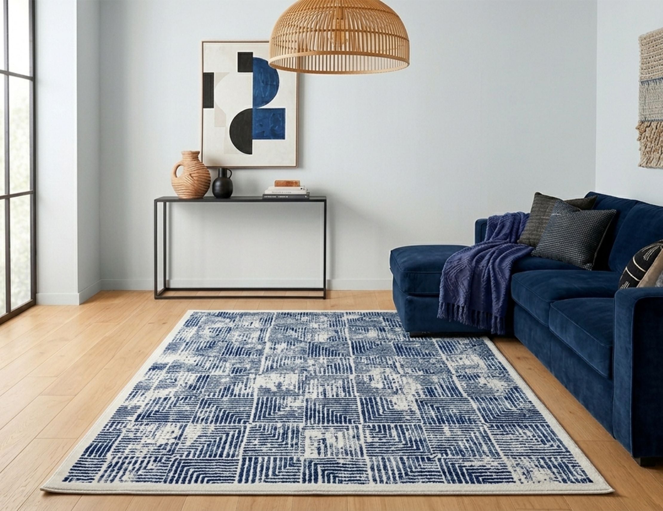 Modern Geometric Digital Print Area Rug | Premium Navy Blue and Cream Woven Rug - Decovia
