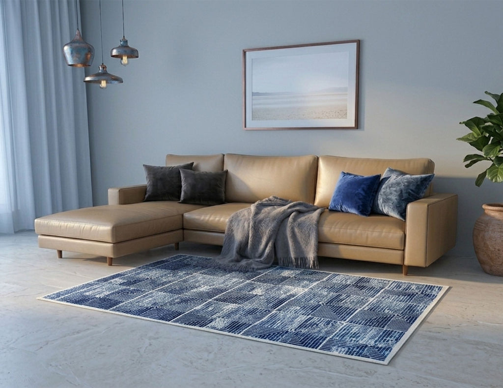 Modern Geometric Digital Print Area Rug | Premium Navy Blue and Cream Woven Rug - Decovia