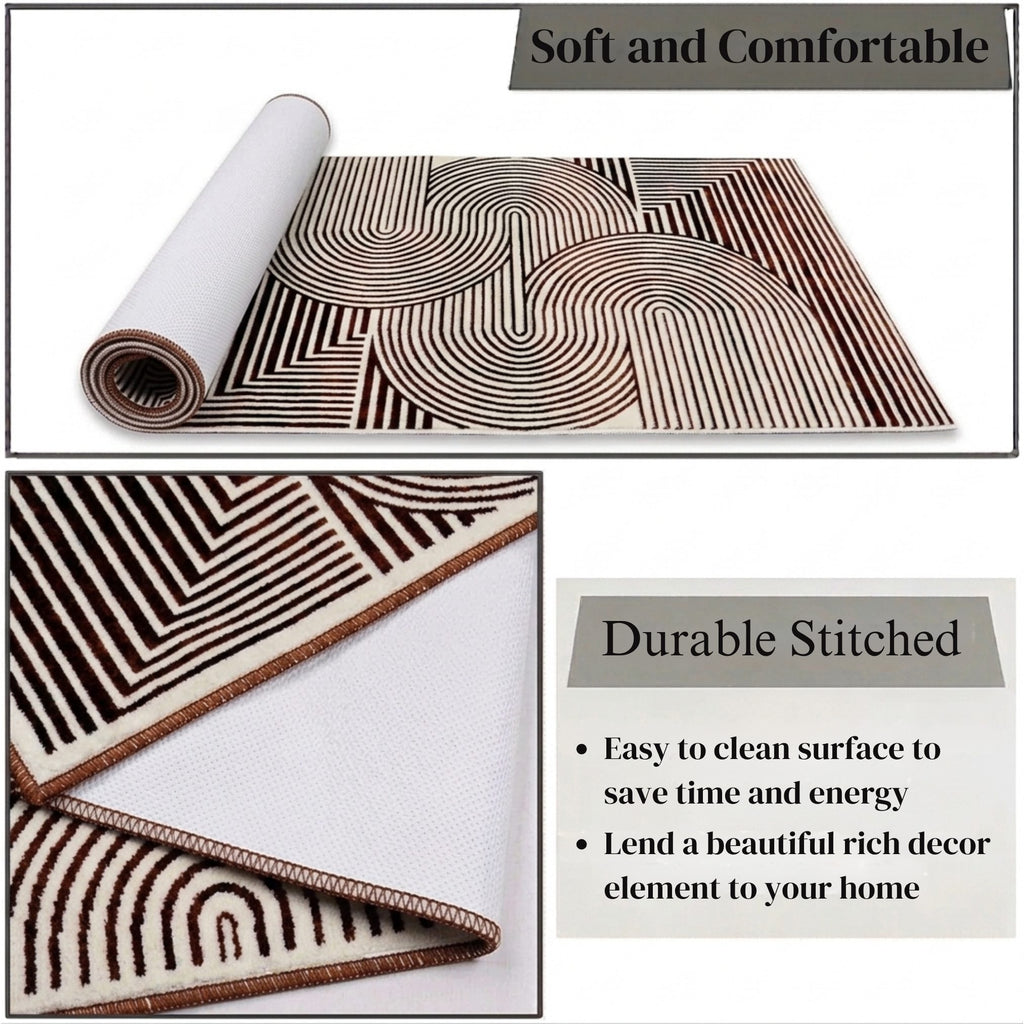 Modern Geometric Digital Print  Area Rug - Terracotta Rust Brown and Cream Abstract Wave Pattern-Decovia
