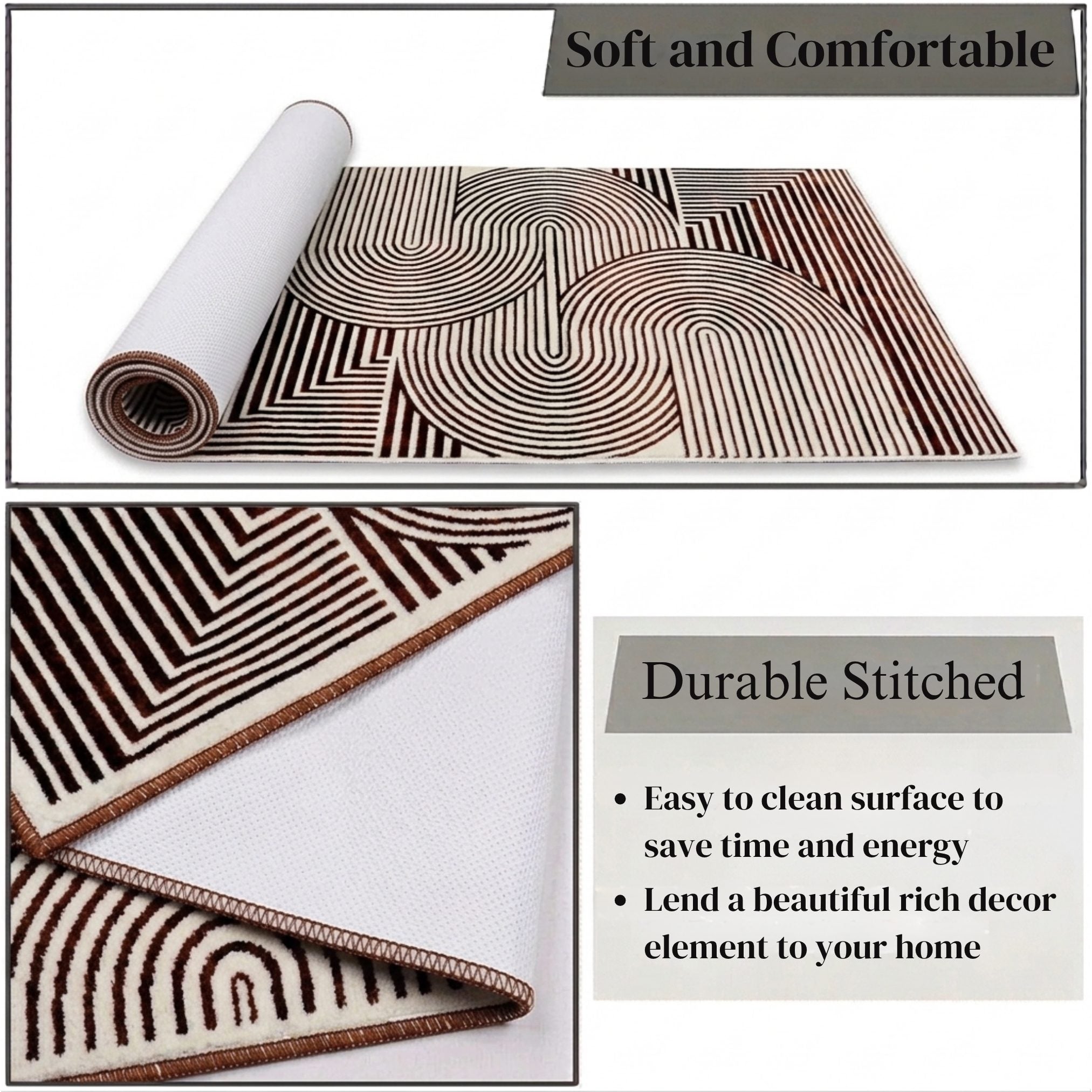 Modern Geometric Digital Print  Area Rug - Terracotta Rust Brown and Cream Abstract Wave Pattern-Decovia