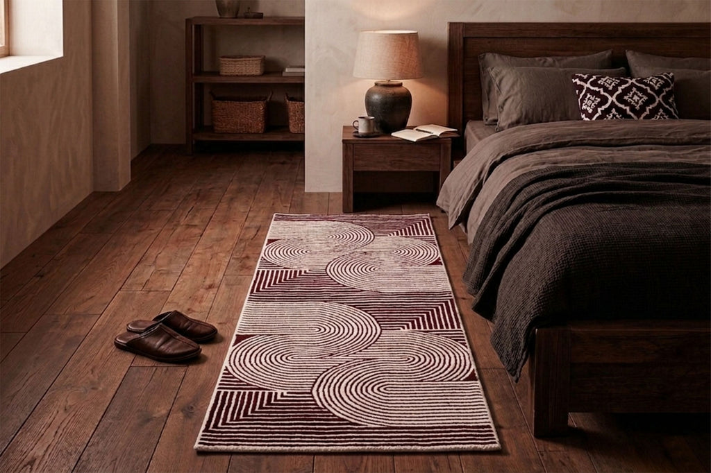 Modern Geometric Digital Print  Area Rug - Terracotta Rust Brown and Cream Abstract Wave Pattern-Decovia