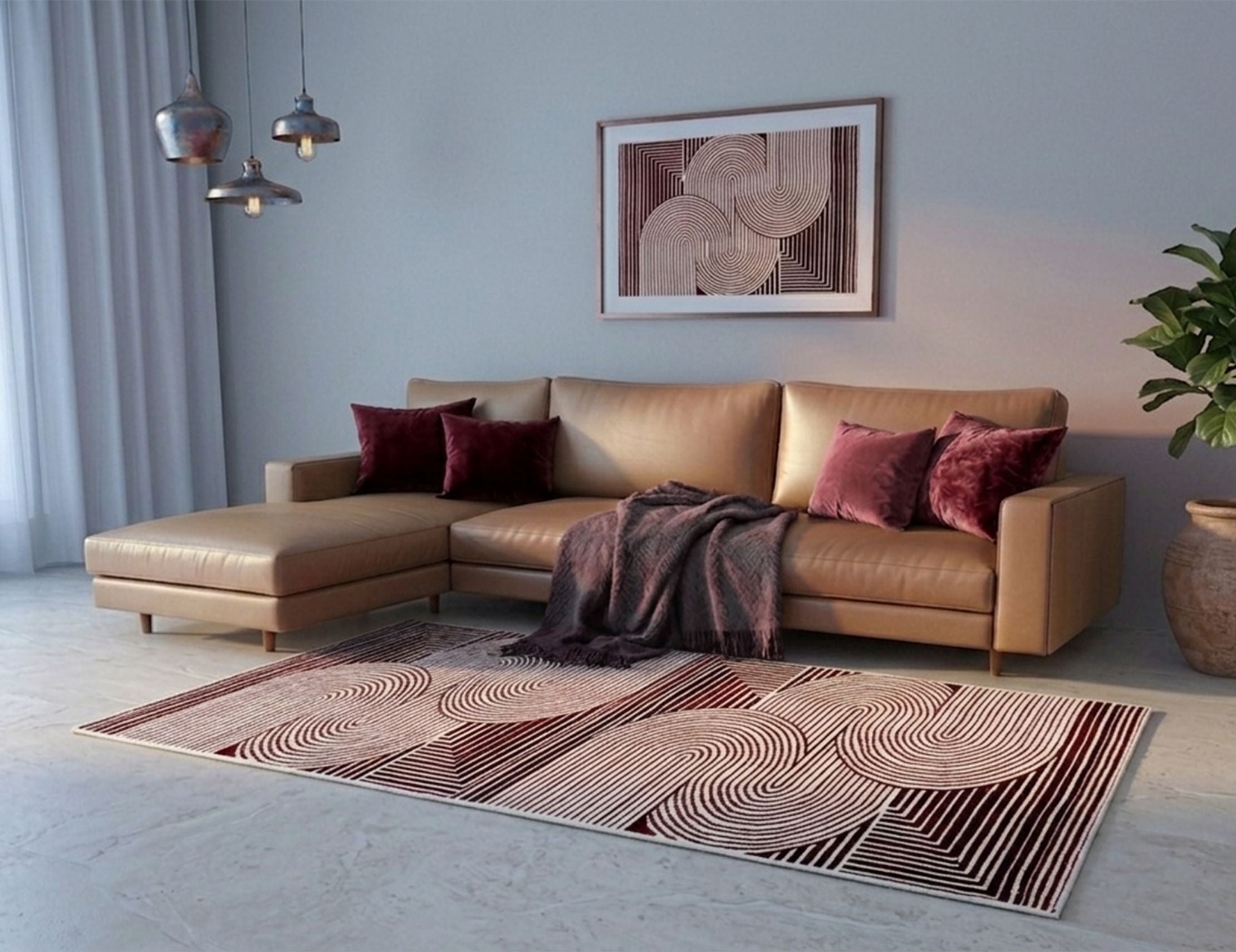 Modern Geometric Digital Print  Area Rug - Terracotta Rust Brown and Cream Abstract Wave Pattern-Decovia