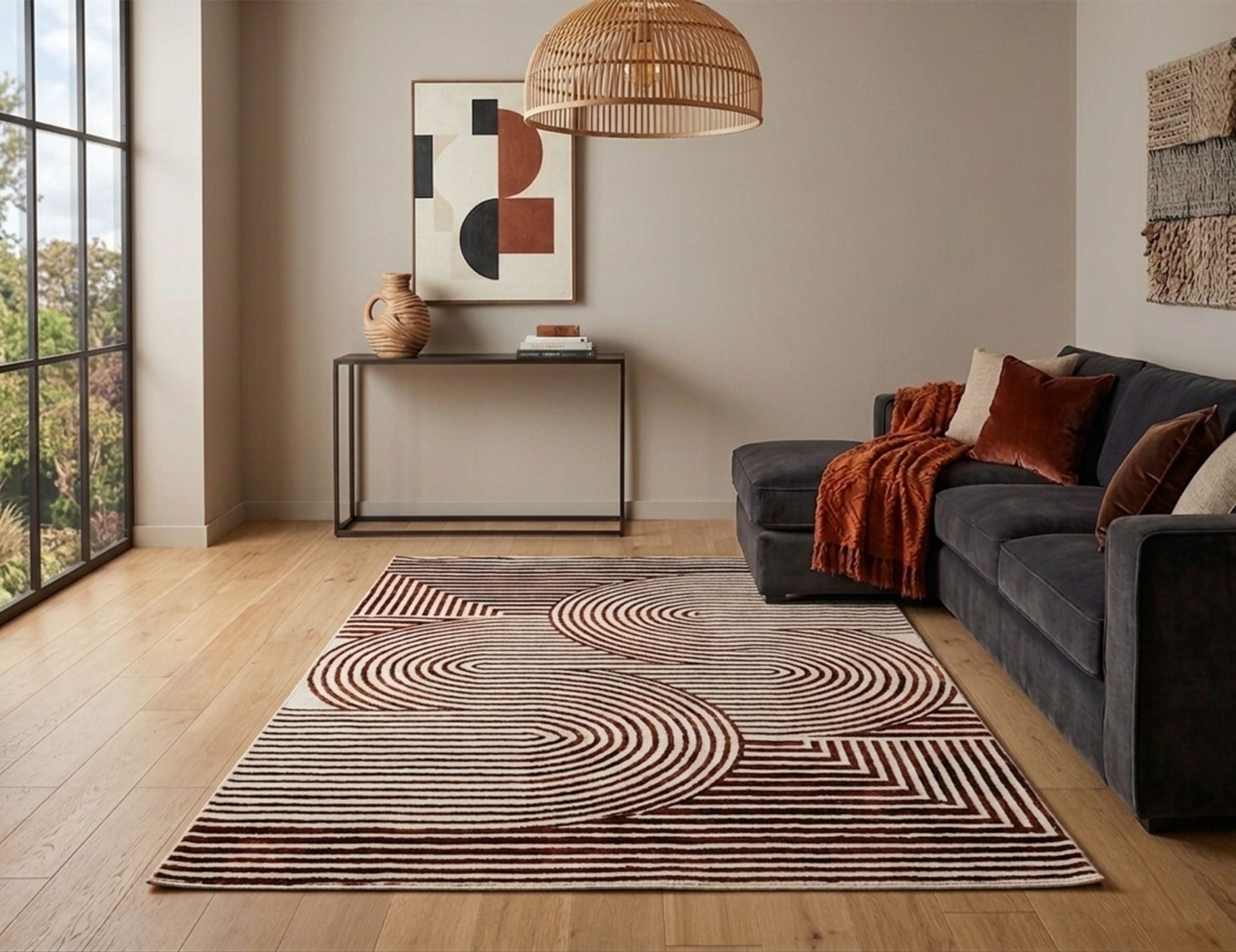 Modern Geometric Digital Print  Area Rug - Terracotta Rust Brown and Cream Abstract Wave Pattern-Decovia
