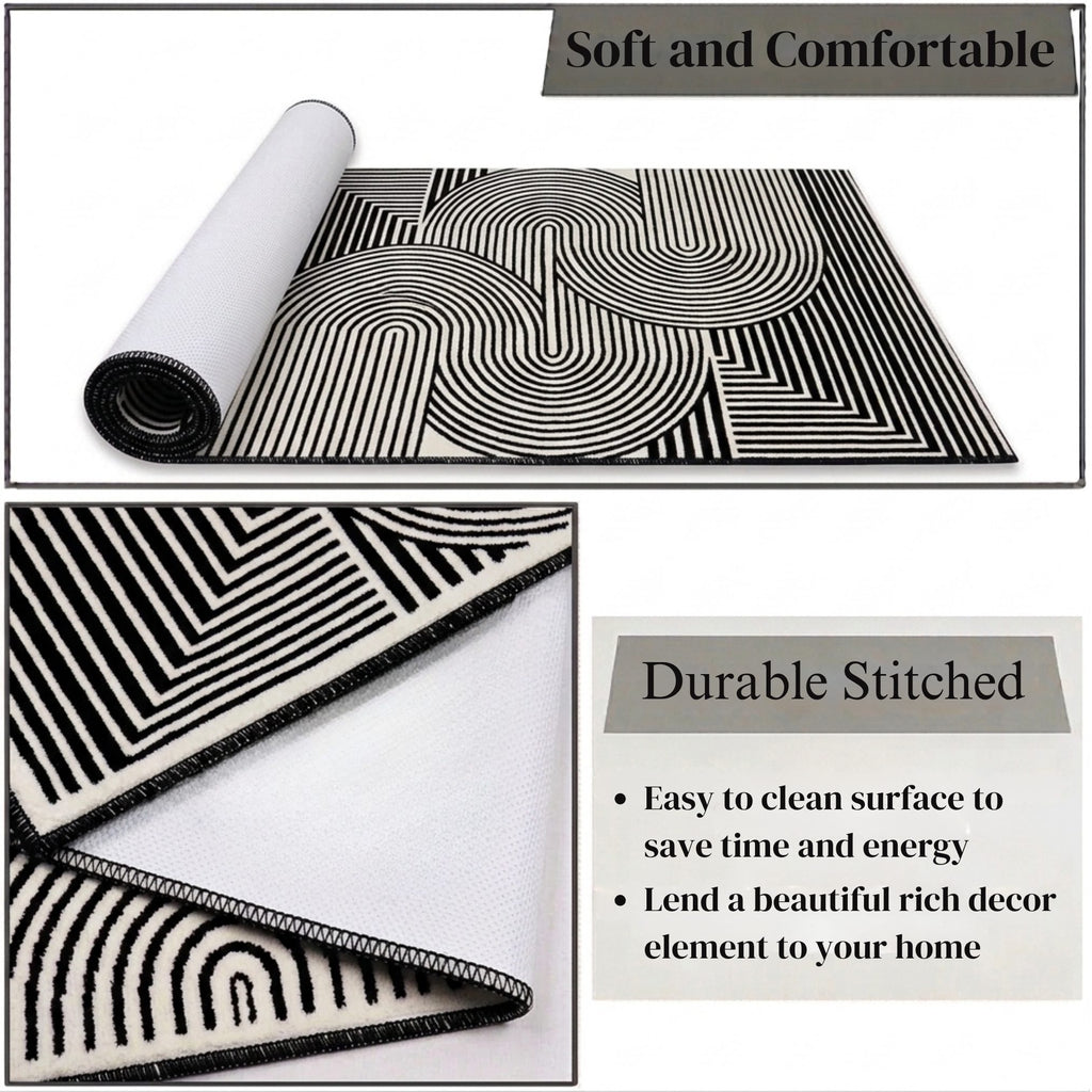 Modern Geometric Area Rug – Black and White Abstract Wave Pattern -Decovia