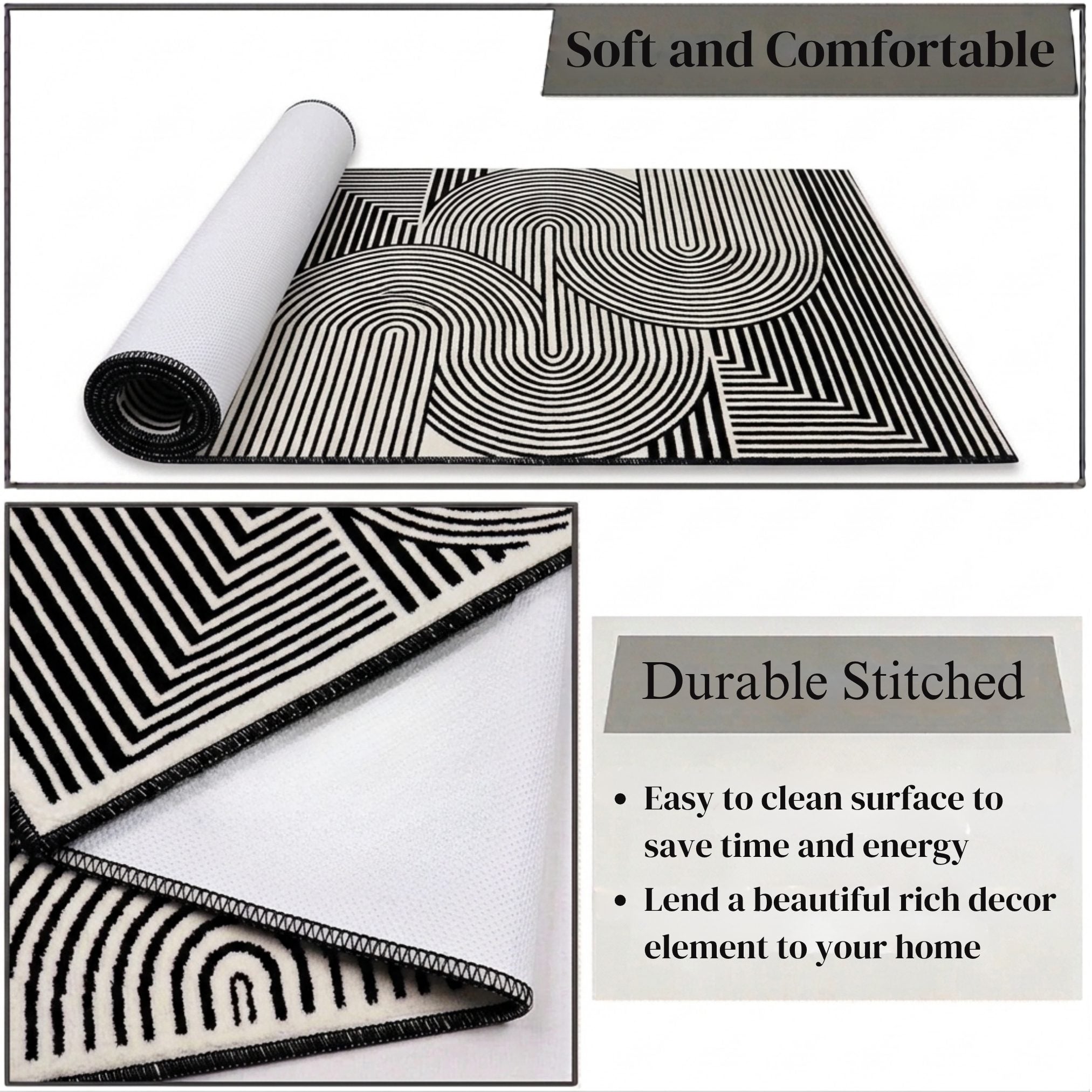 Modern Geometric Area Rug – Black and White Abstract Wave Pattern -Decovia
