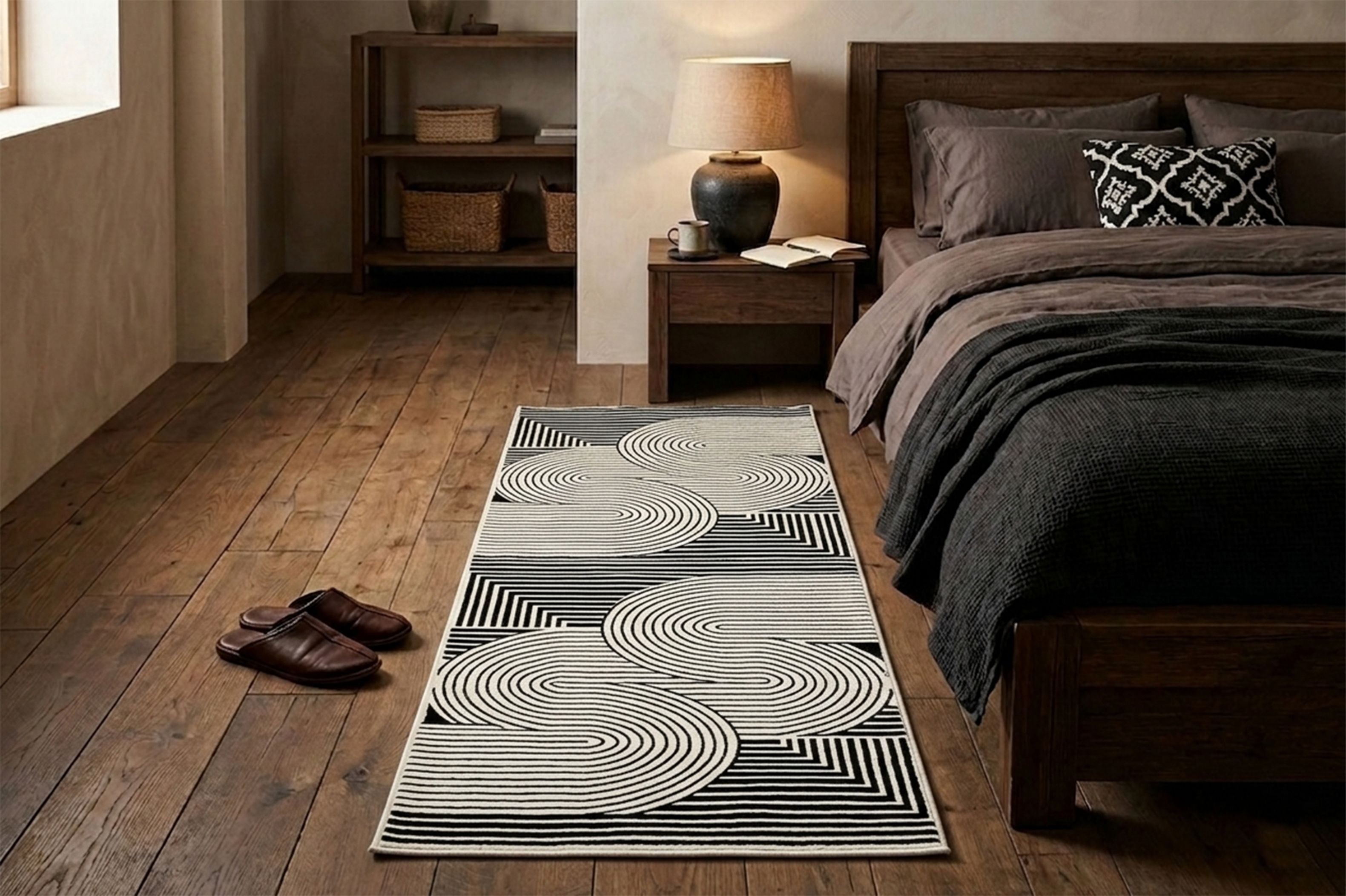 Modern Geometric Area Rug – Black and White Abstract Wave Pattern -Decovia