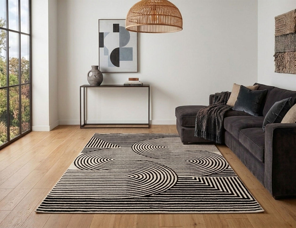 Modern Geometric Area Rug – Black and White Abstract Wave Pattern -Decovia