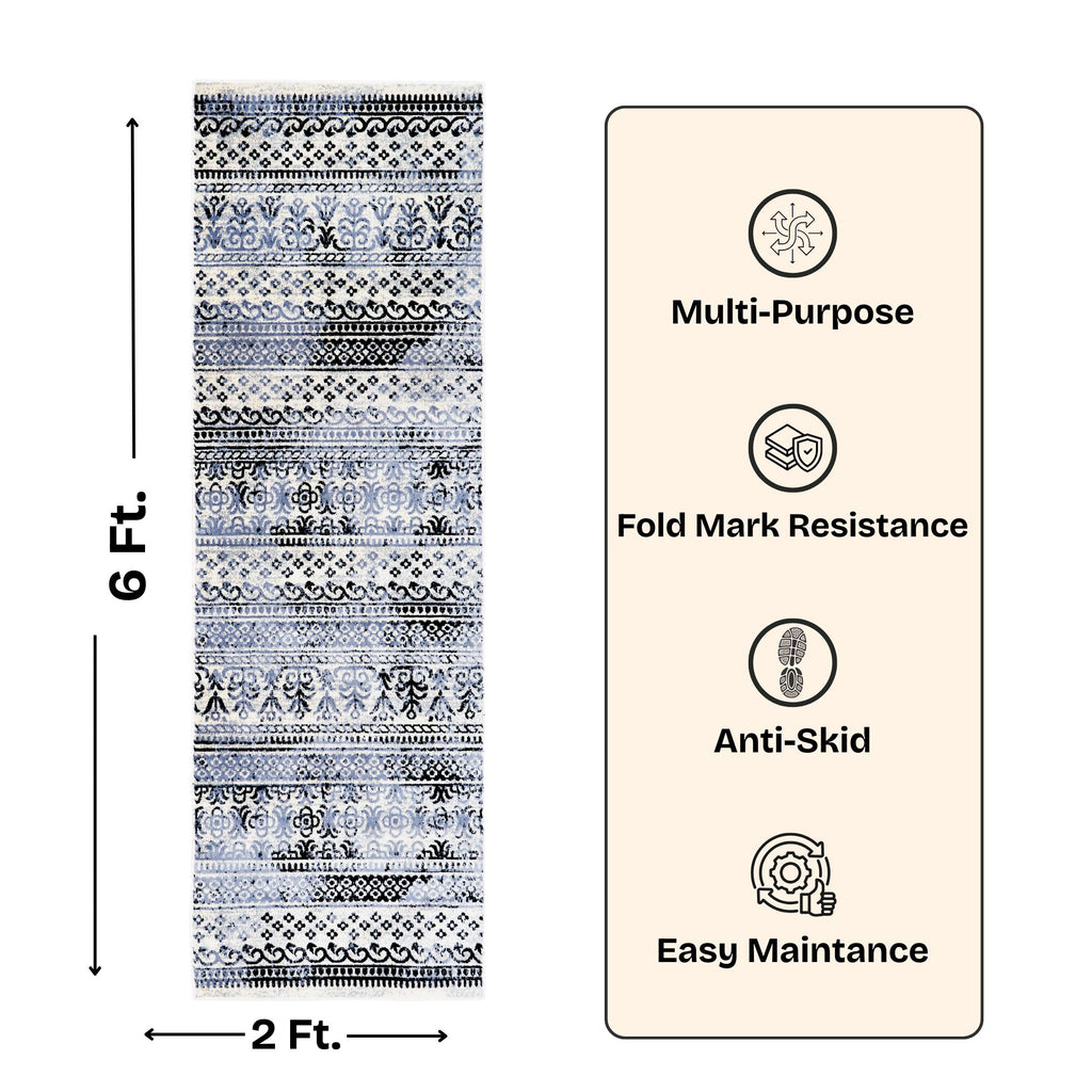 Boho Striped Area Rug Accent Digital Print Area Rug |  Light Blue & Black Medallion Stripes  - Decovia