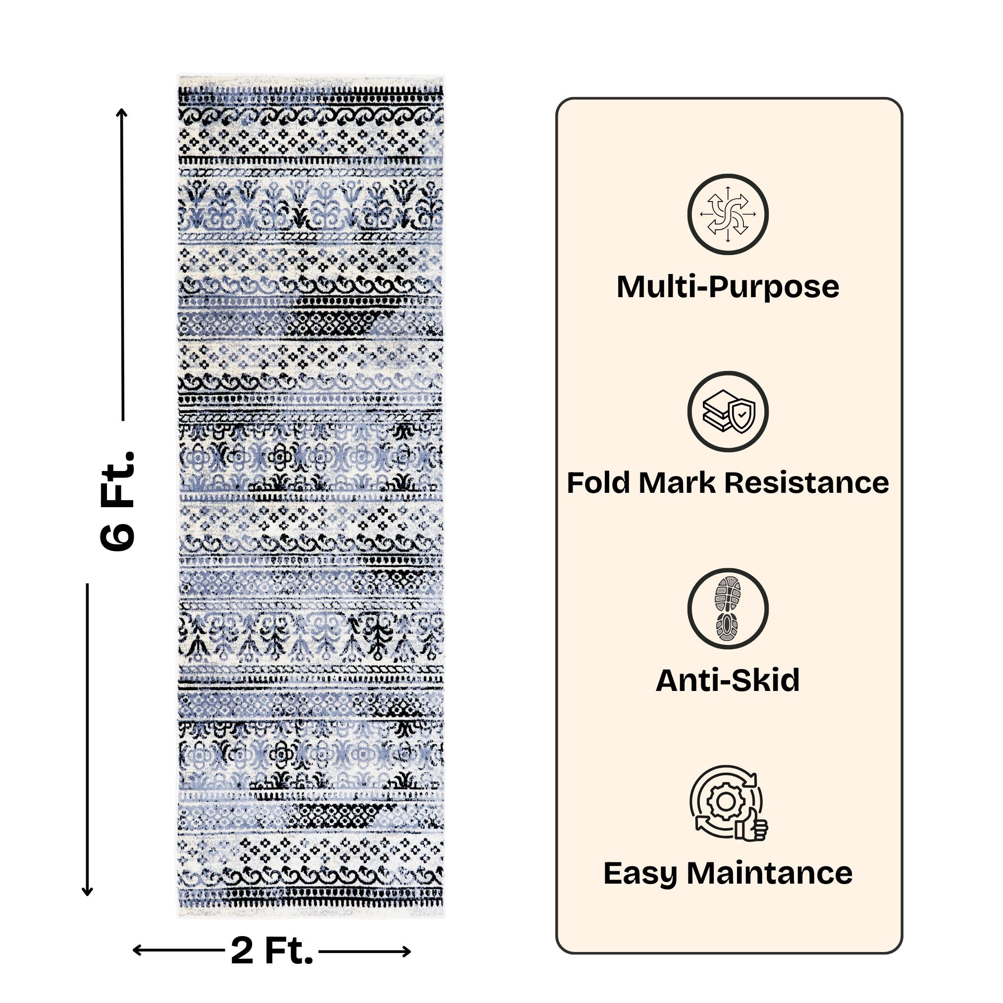 Boho Striped Area Rug Accent Digital Print Area Rug |  Light Blue & Black Medallion Stripes  - Decovia