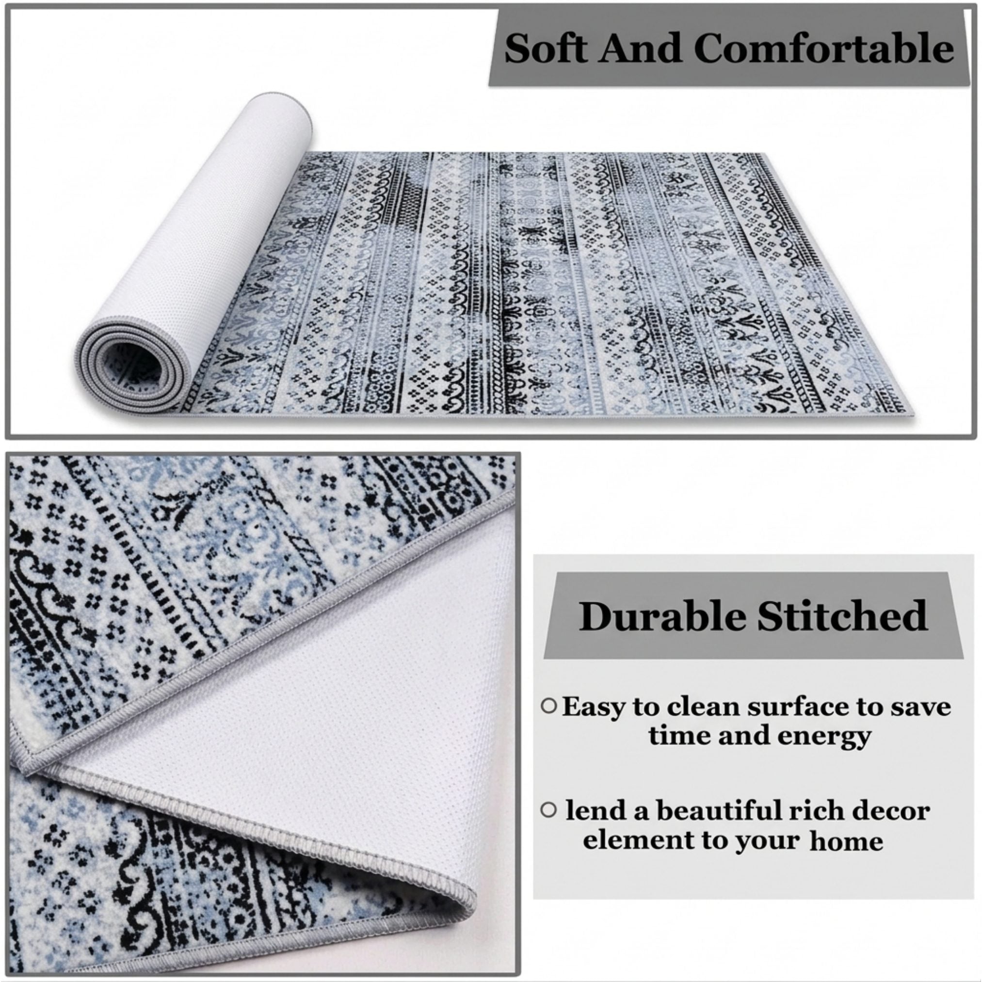 Boho Striped Area Rug Accent Digital Print Area Rug |  Light Blue & Black Medallion Stripes  - Decovia