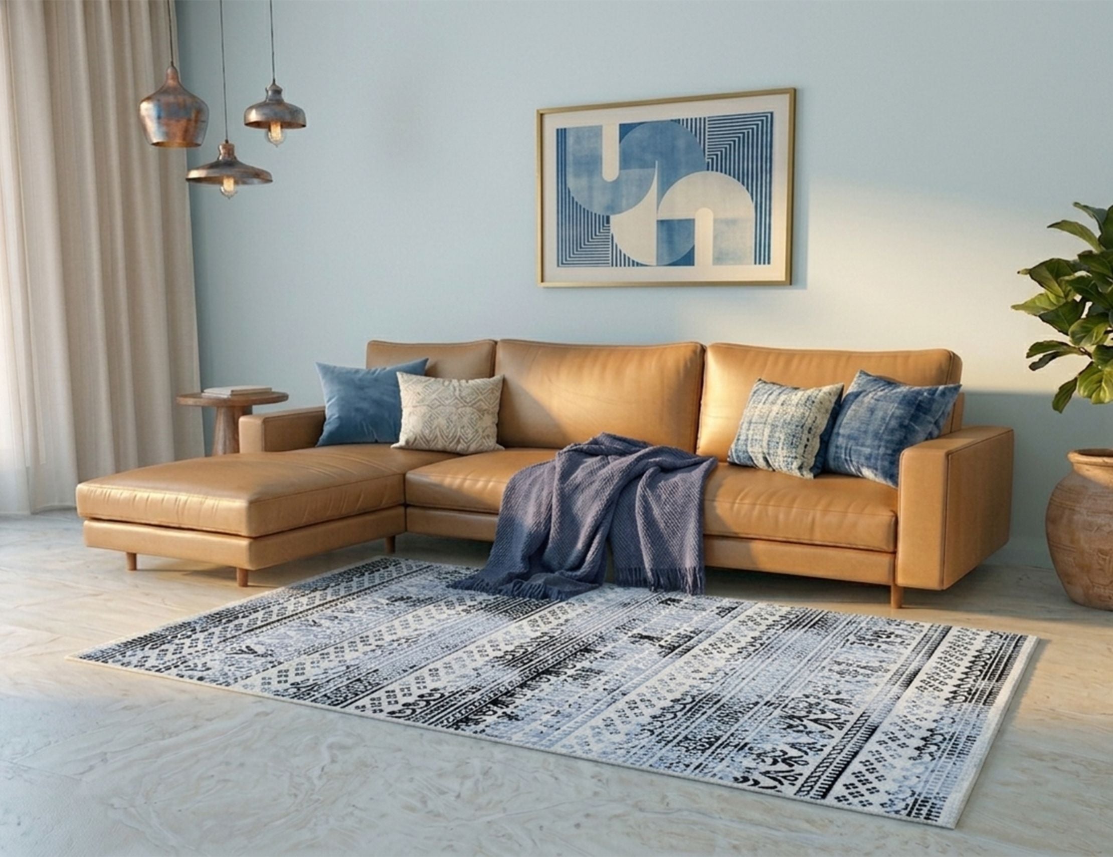 Boho Striped Area Rug Accent Digital Print Area Rug |  Light Blue & Black Medallion Stripes  - Decovia