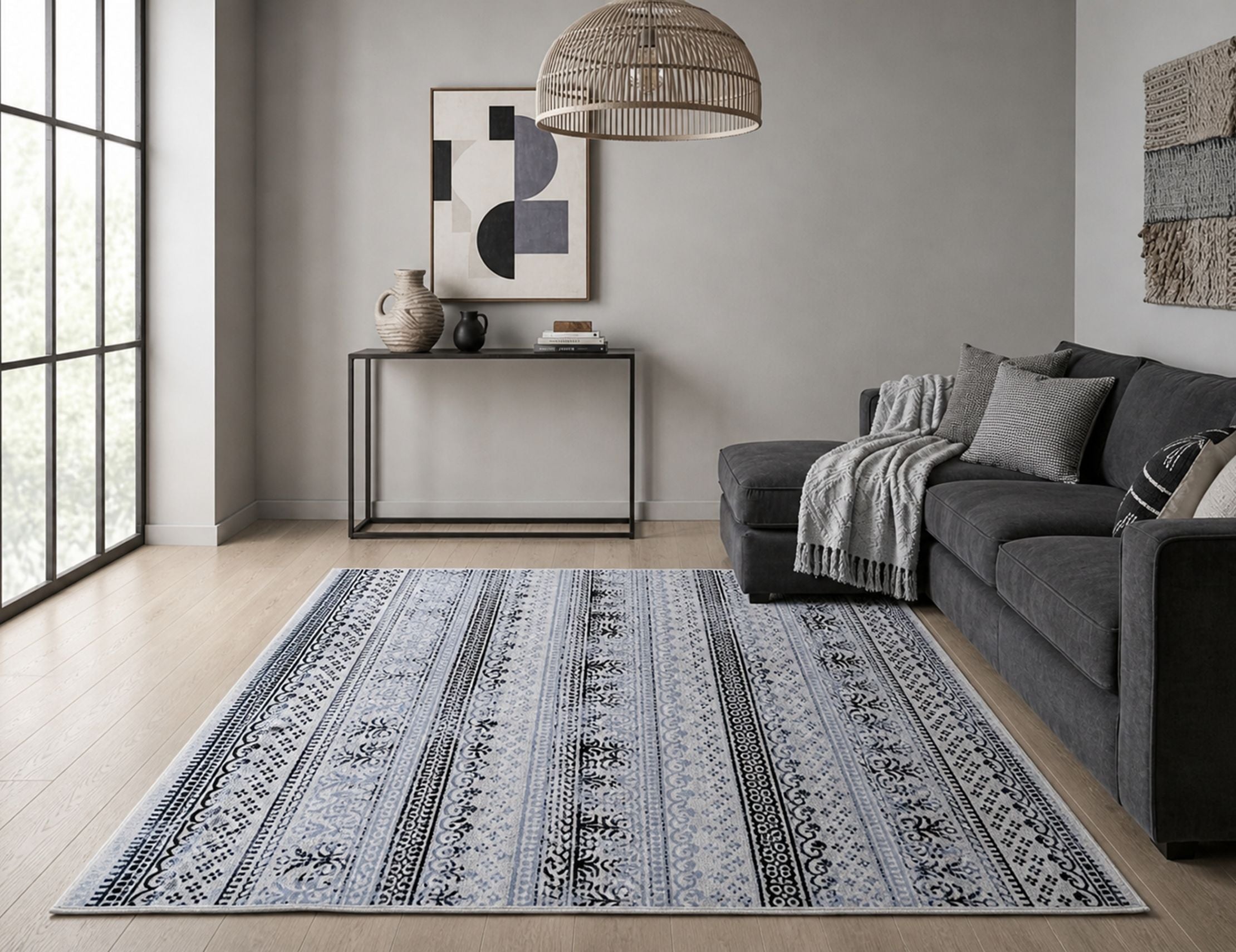 Boho Striped Area Rug Accent Digital Print Area Rug |  Light Blue & Black Medallion Stripes  - Decovia