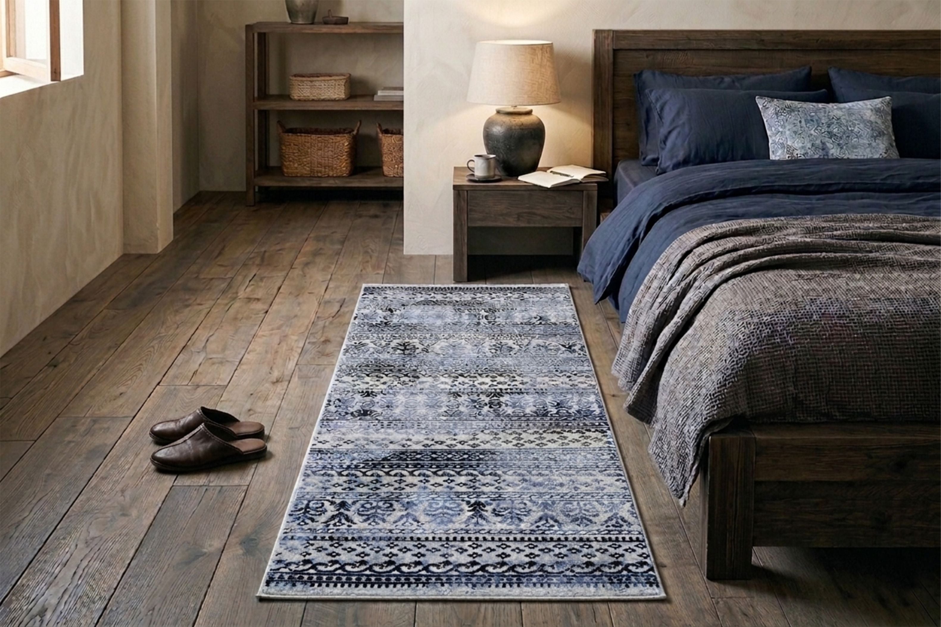 Boho Striped Area Rug Accent Digital Print Area Rug |  Light Blue & Black Medallion Stripes  - Decovia
