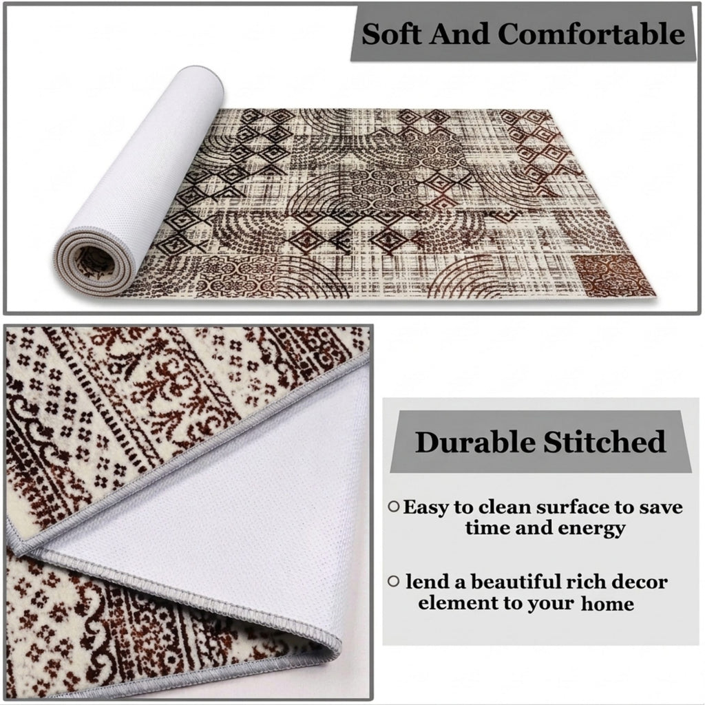 Multi-Pattern Geometric Accent Digital Print Area Rug | Cream & Earth Tones Accent Rug - Decovia
