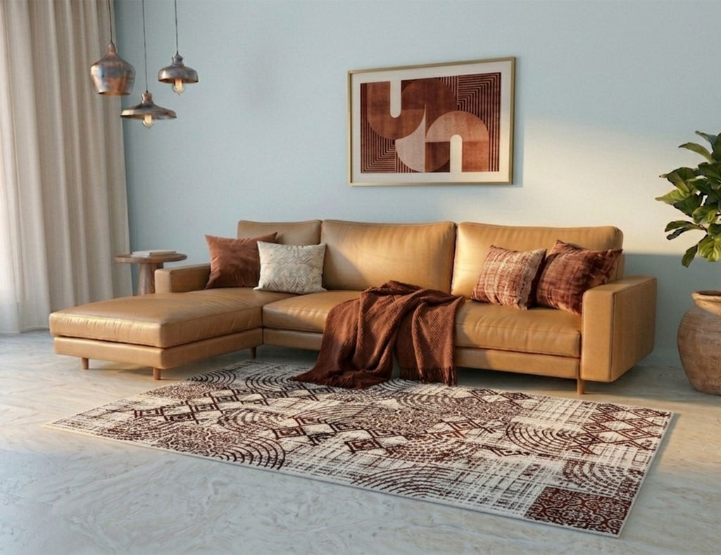 Multi-Pattern Geometric Accent Digital Print Area Rug | Cream & Earth Tones Accent Rug - Decovia