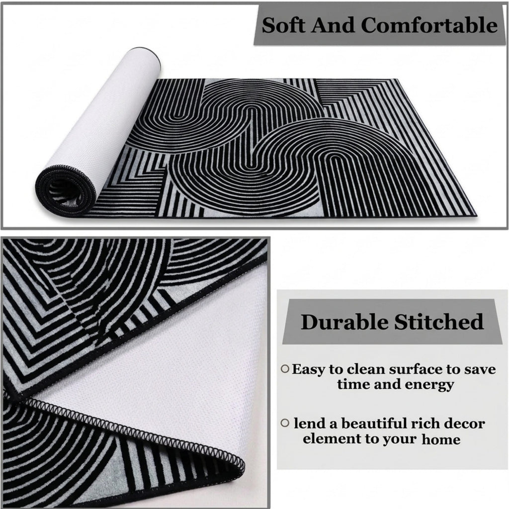Modern Abstract Geometric Digital Print Area Rug | Black and Grey Abstract Swirl Accent Rug - Decovia