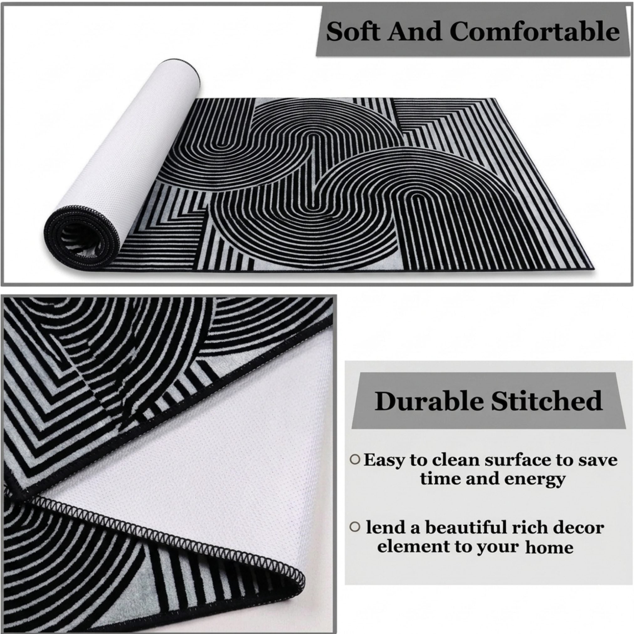 Modern Abstract Geometric Digital Print Area Rug | Black and Grey Abstract Swirl Accent Rug - Decovia