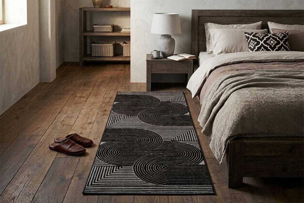 Modern Abstract Geometric Digital Print Area Rug | Black and Grey Abstract Swirl Accent Rug - Decovia