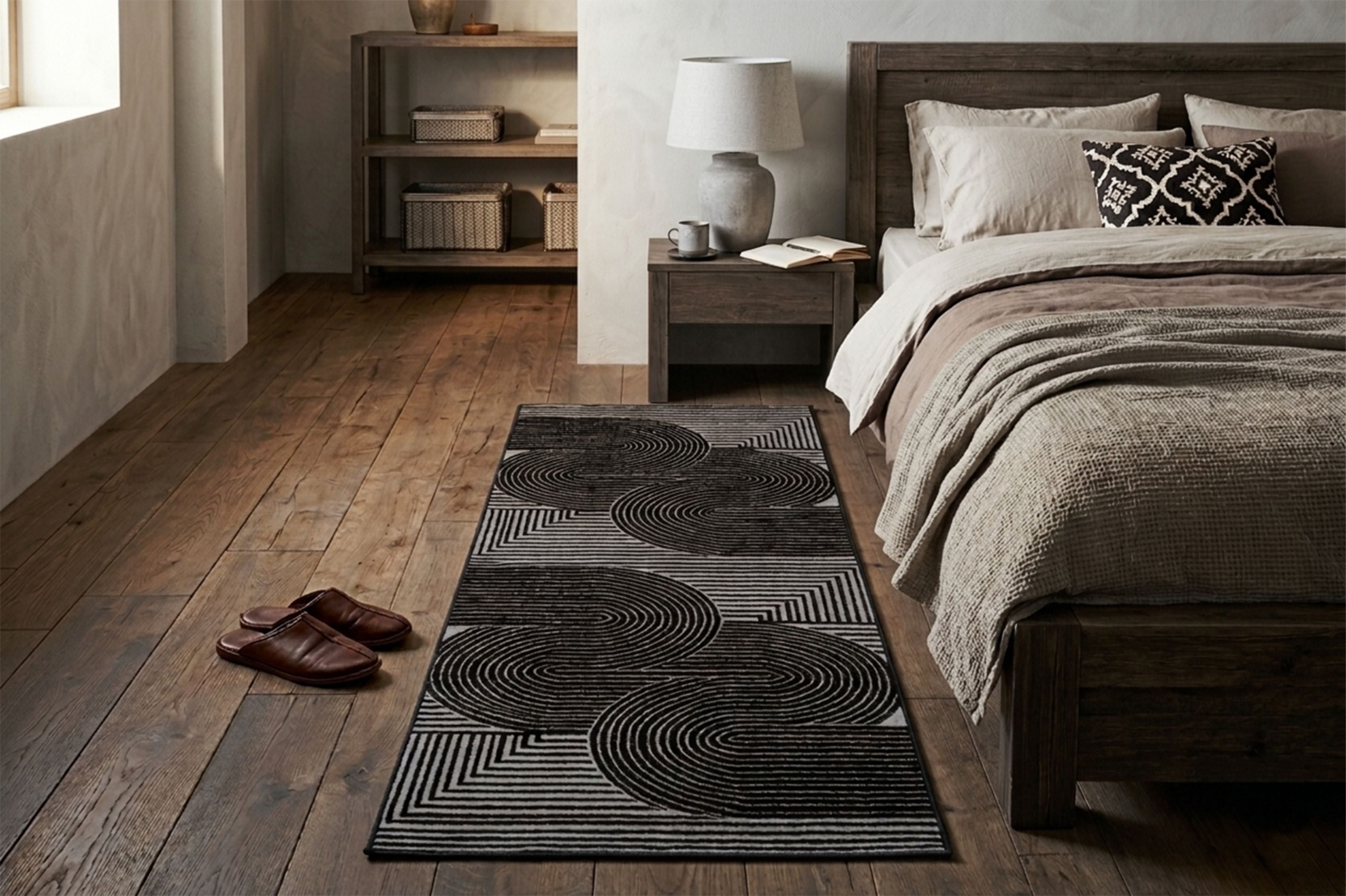 Modern Abstract Geometric Digital Print Area Rug | Black and Grey Abstract Swirl Accent Rug - Decovia