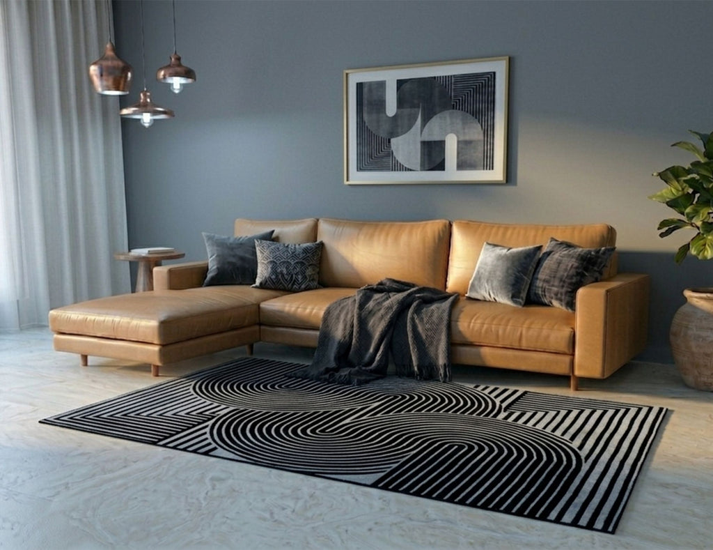 Modern Abstract Geometric Digital Print Area Rug | Black and Grey Abstract Swirl Accent Rug - Decovia