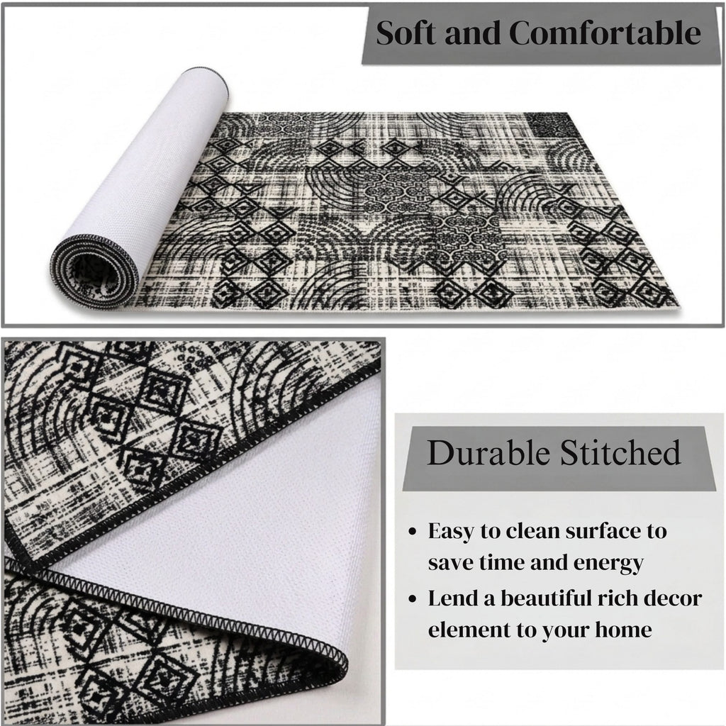 Modern Abstract Geometric Digital Print Area Rug | Charcoal Black and Cream Bohemian Accent Rug - Decovia