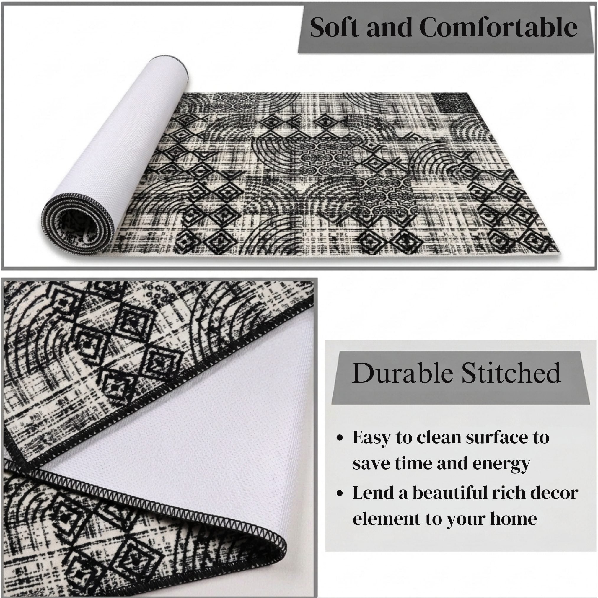 Modern Abstract Geometric Digital Print Area Rug | Charcoal Black and Cream Bohemian Accent Rug - Decovia