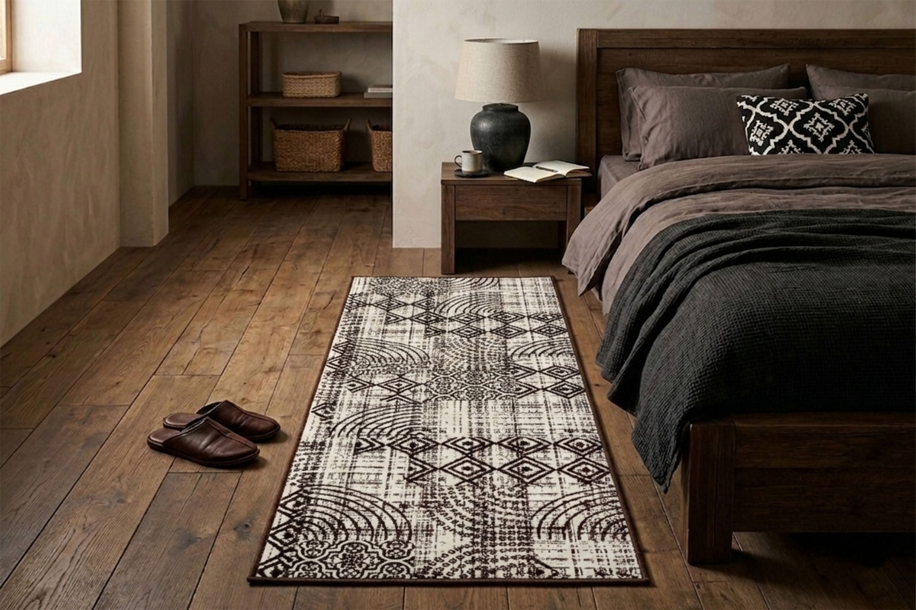 Modern Abstract Geometric Digital Print Area Rug | Charcoal Black and Cream Bohemian Accent Rug - Decovia