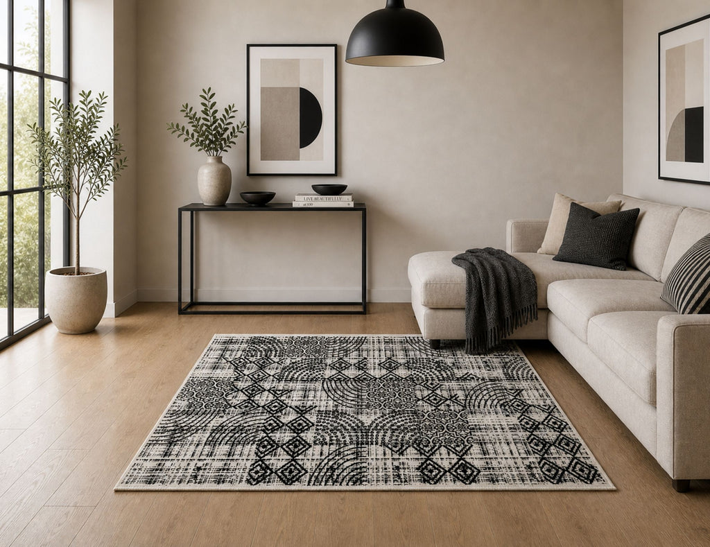 Modern Abstract Geometric Digital Print Area Rug | Charcoal Black and Cream Bohemian Accent Rug - Decovia