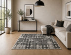 Modern Abstract Geometric Digital Print Area Rug | Charcoal Black and Cream Bohemian Accent Rug - Decovia