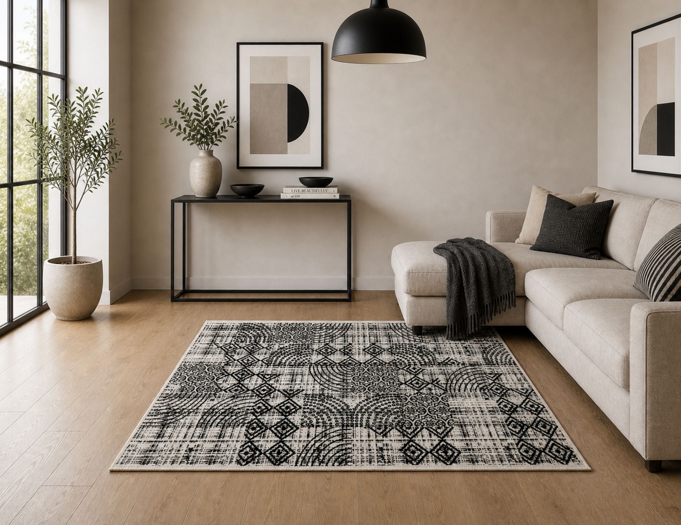 Modern Abstract Geometric Digital Print Area Rug | Charcoal Black and Cream Bohemian Accent Rug - Decovia