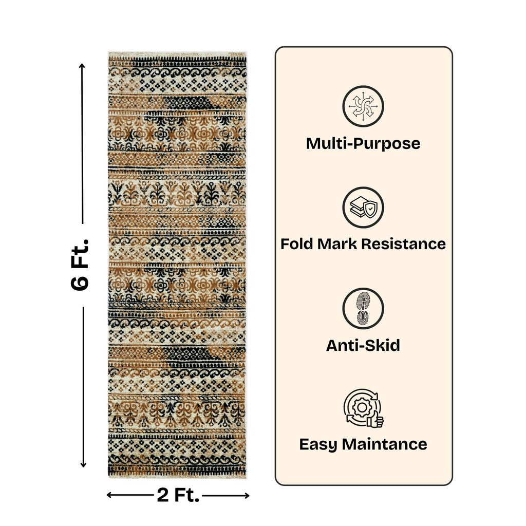 Premium Distressed Geometric Striped Pattern Digital Print Area Rug | Yellow, Black, and Cream Bohemian Accent Rug - Decovia