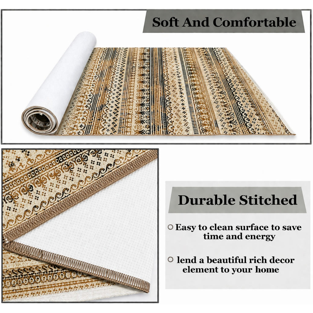 Premium Distressed Geometric Striped Pattern Digital Print Area Rug | Yellow, Black, and Cream Bohemian Accent Rug - Decovia