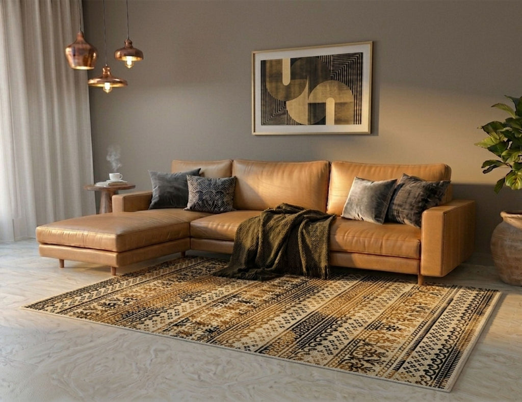 Premium Distressed Geometric Striped Pattern Digital Print Area Rug | Yellow, Black, and Cream Bohemian Accent Rug - Decovia