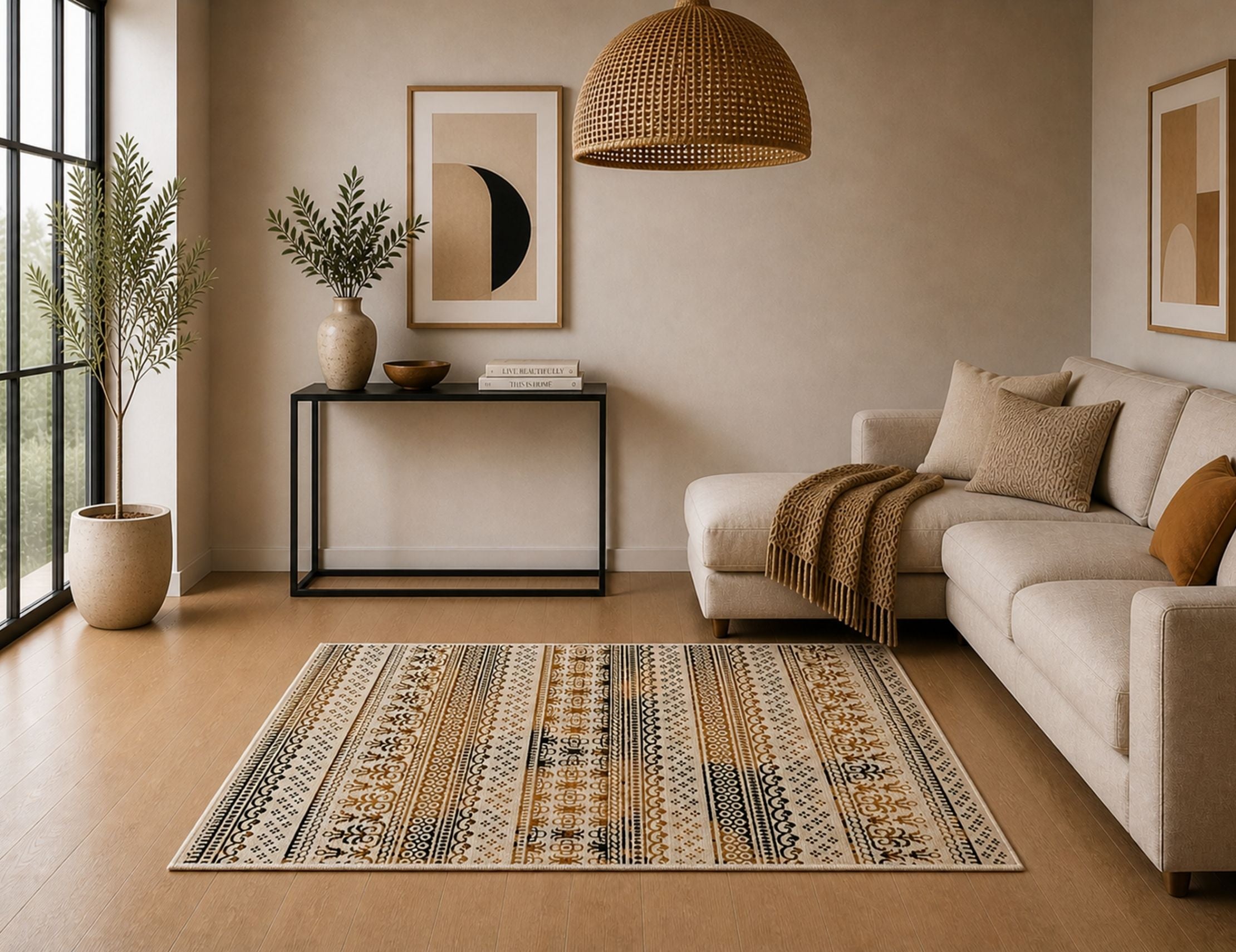 Premium Distressed Geometric Striped Pattern Digital Print Area Rug | Yellow, Black, and Cream Bohemian Accent Rug - Decovia