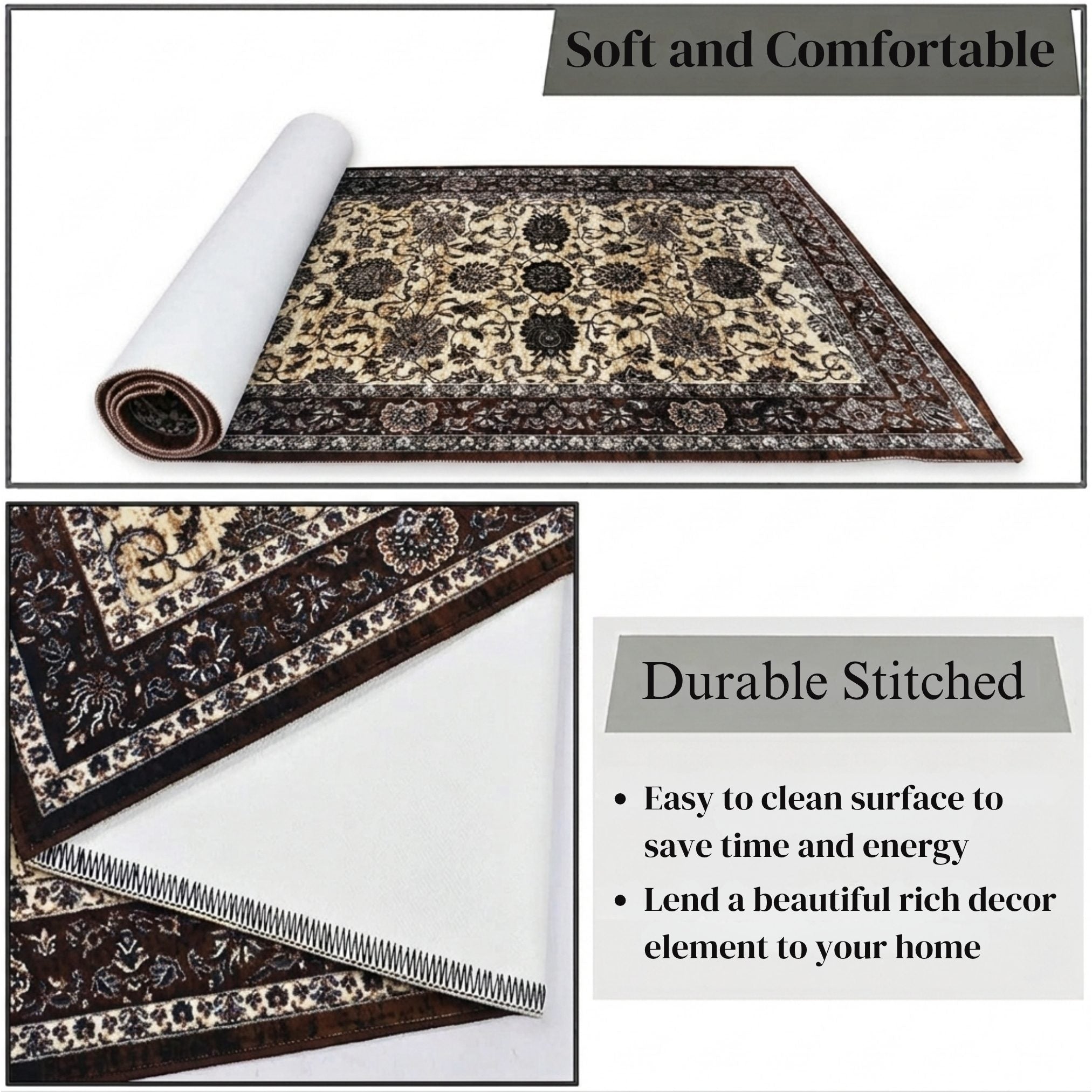 Premium Floral Persian Pattern Digital Print Area Rug | Dark Brown Medallion Accent Rug - Decovia