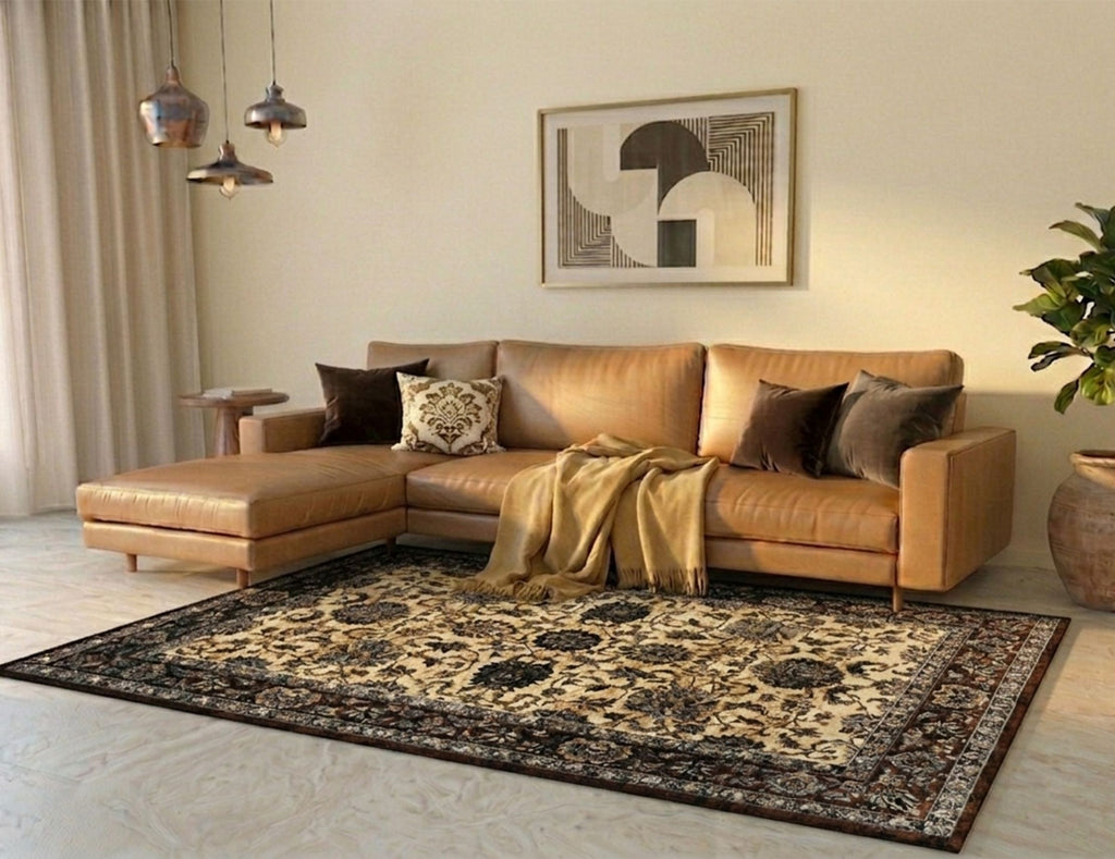 Premium Floral Persian Pattern Digital Print Area Rug | Dark Brown Medallion Accent Rug - Decovia
