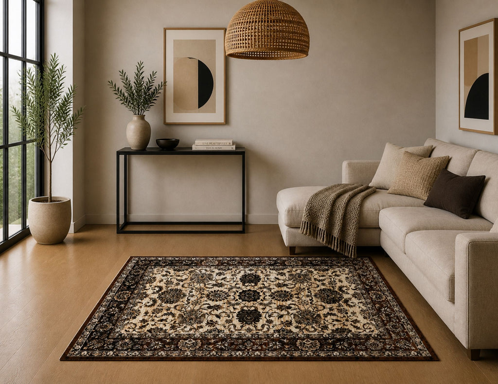 Premium Floral Persian Pattern Digital Print Area Rug | Dark Brown Medallion Accent Rug - Decovia