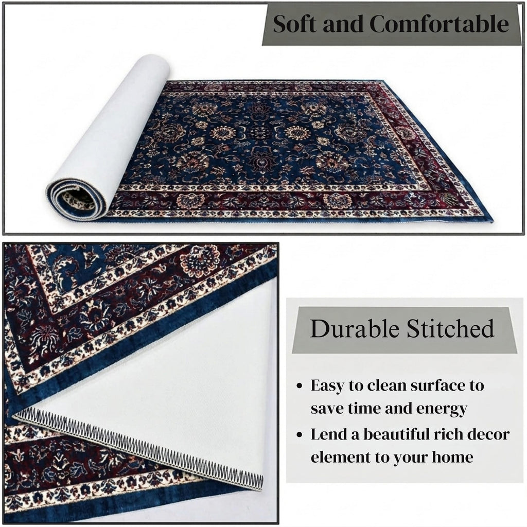 Premium Floral Persian Pattern Digital Print Area Rug | Navy Blue, Burgundy Red, and Cream Medallion Accent Rug - Decovia